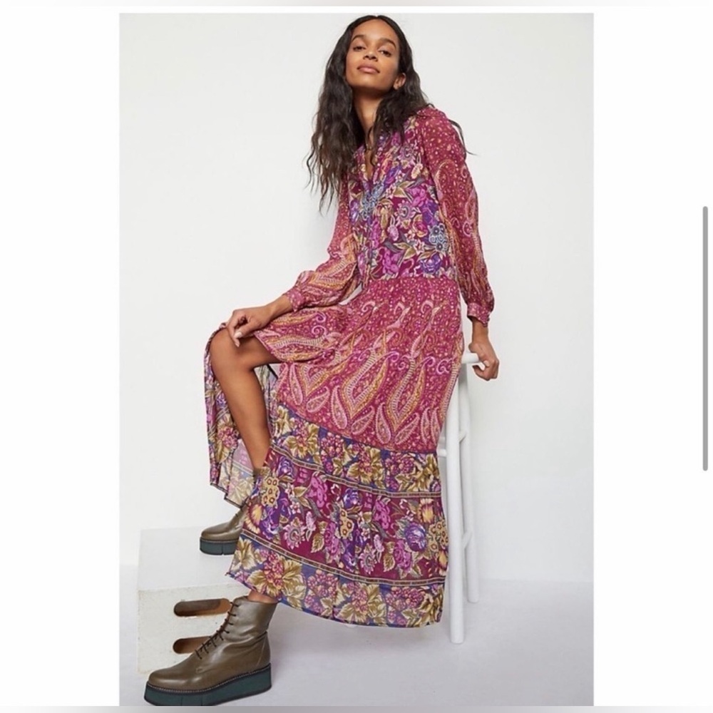 Anthropologie Pink Floral Paisley Long Sleeve Maxi Dress